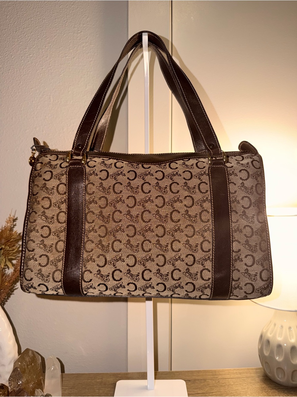 Vintage Celine Brown and Tan Signature Carriage Canvas Boston bag